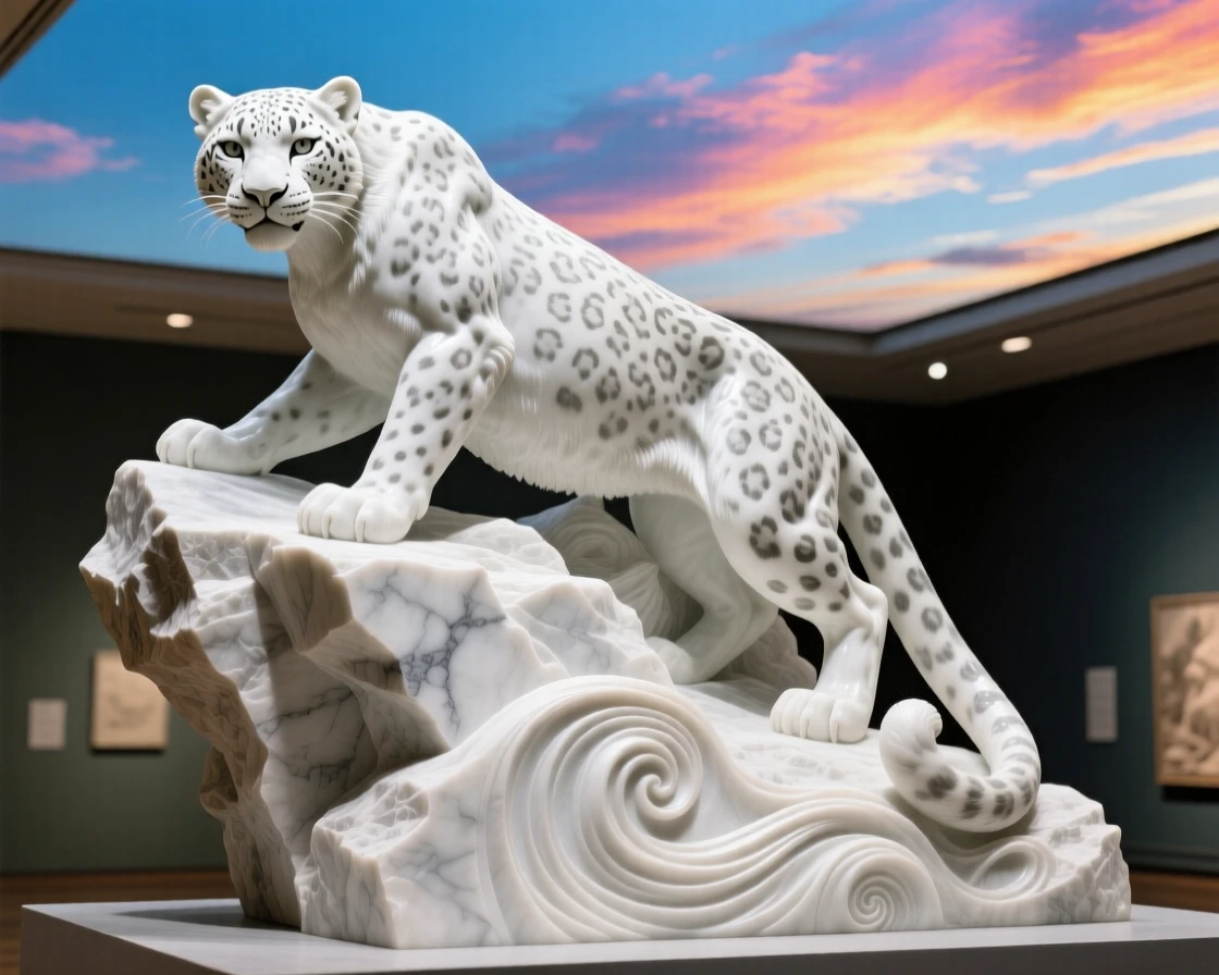 A vivid, emotionally rich scene of a snow leopard perched on a rocky outcrop, under a brilliant, colorful sky, designed to captivate and inspire