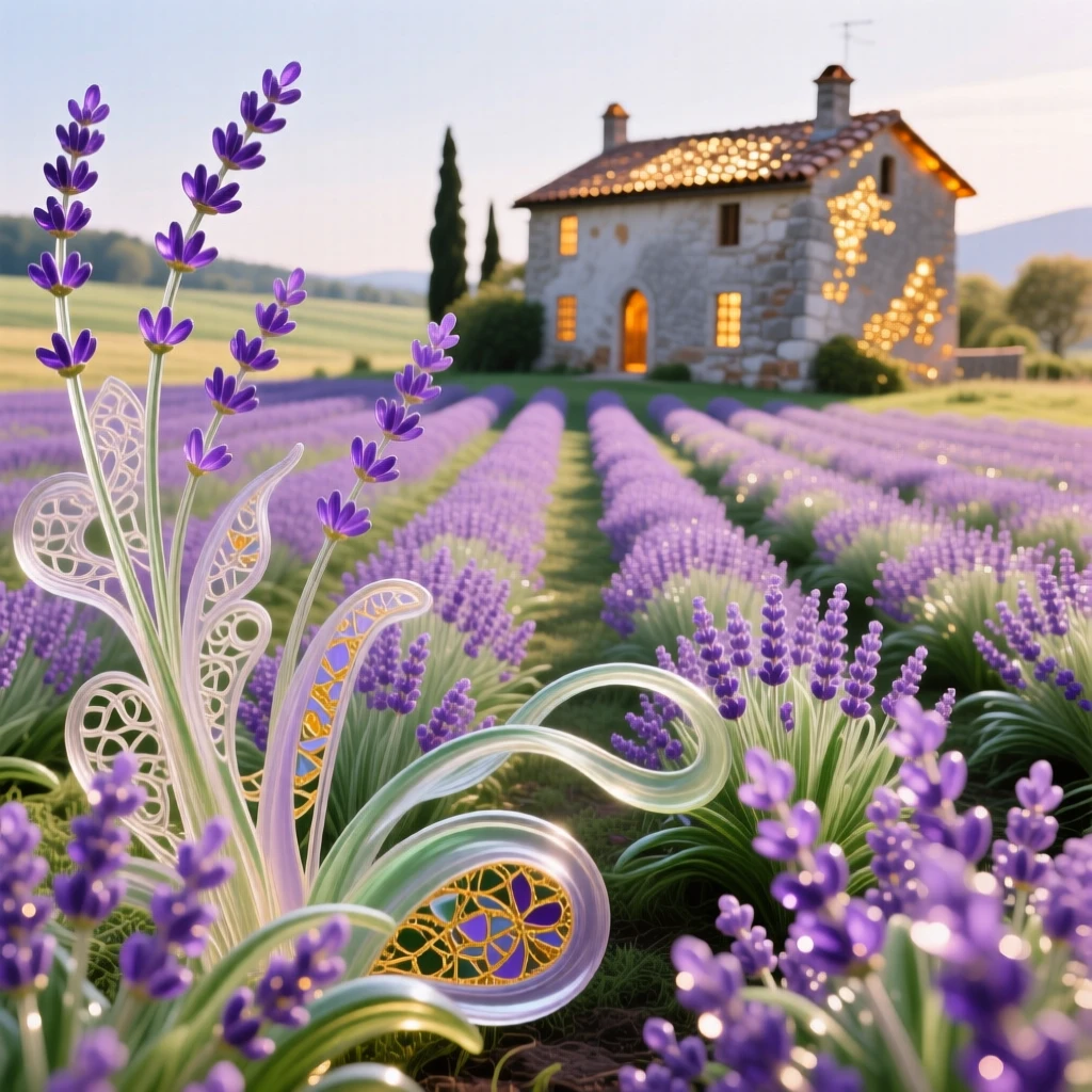 A field of blooming lavender rows leading toward a distant stone farmhouse, calming and picturesque.