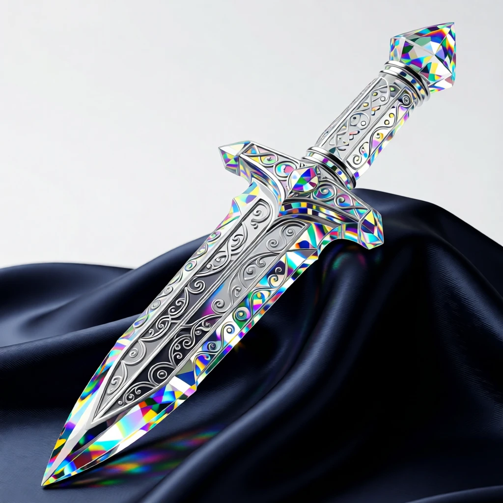 An ornate jeweled dagger with intricate engravings displayed on dark silk.