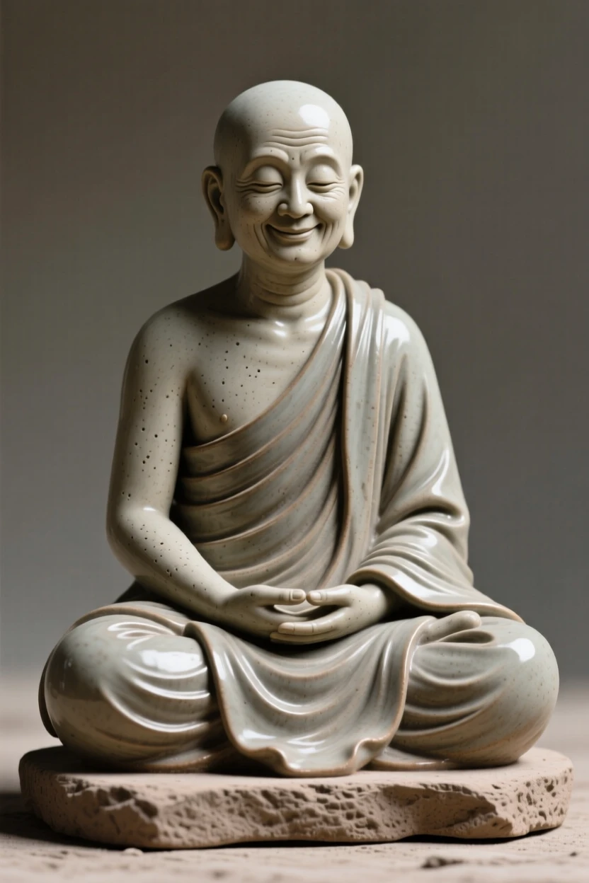 A monk seated in quiet meditation captured in a fleeting moment of pure emotion, with a serene, knowing half-smile, capturing a universal moment of human connection.