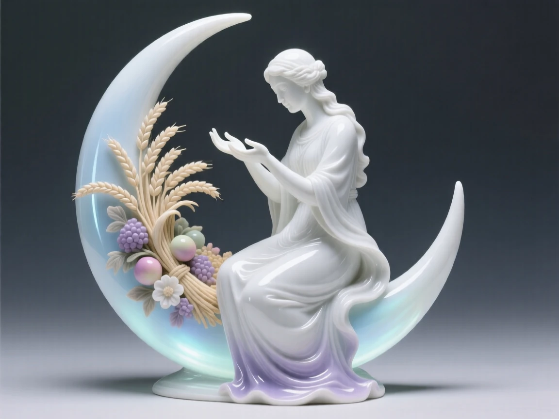 A mythological moment: the goddess of the moon offering a blessing over a harvest, bathed in an otherworldly glow.