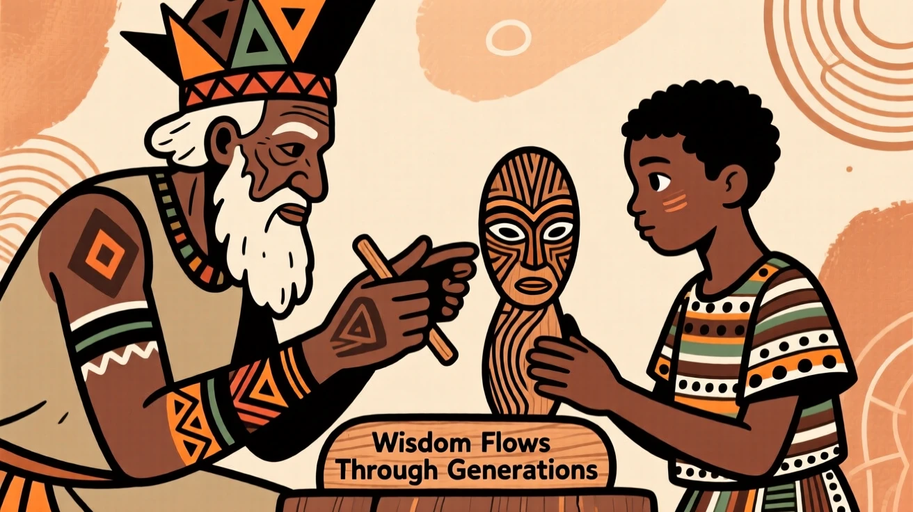 An elder craftsman passing knowledge to a younger apprentice.