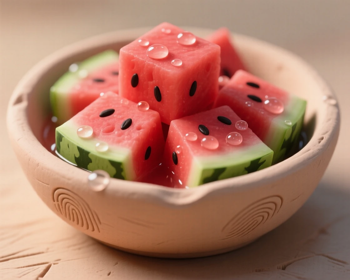 A bowl of fresh watermelon cubes glistening with morning dew
