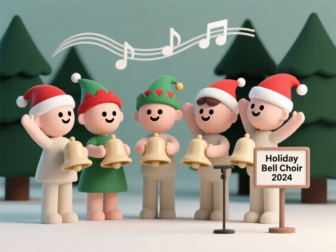 A cheerful bell choir rings a cascade of harmonious tones together during a festive holiday concert.