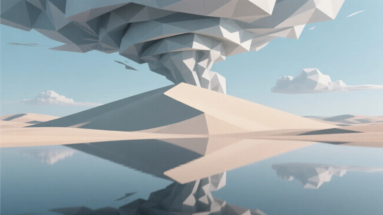 A vast desert dune under a blazing sky, under swirling storm clouds. reflections in the water double the scene's beauty. The mood is dreamy and otherworldly.