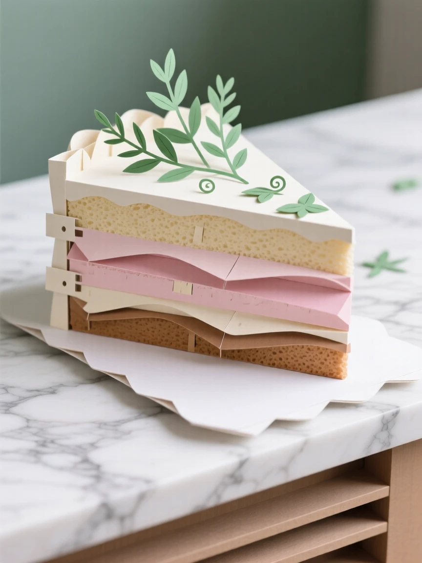 A decadent slice of layered cake displayed on an elegant marble counter, with fresh herbs scattered on top, capturing the artistry of fine cuisine.