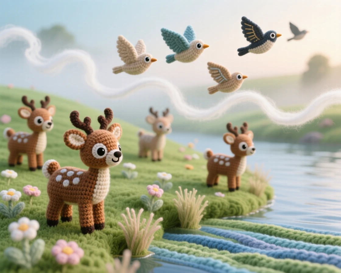 A tranquil view of a quiet countryside meadow at first light, wrapped in soft morning mist, dotted with grazing deer, beside a peaceful stretch of open water, with a small flock of birds passing overhead, evoking quiet wonder at the wild world.