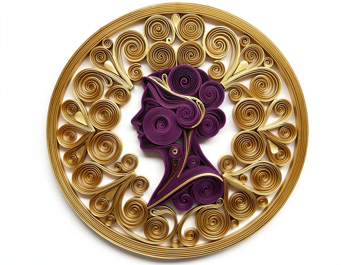 An elegant design featuring a Victorian-inspired cameo silhouette portrait, spiraling outward in a hypnotic rhythm, in rich plum and antique gold hues, framed by a thin gold border.