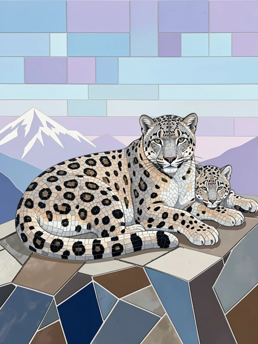 A majestic snow leopard mother and cub resting on a mountain ledge.