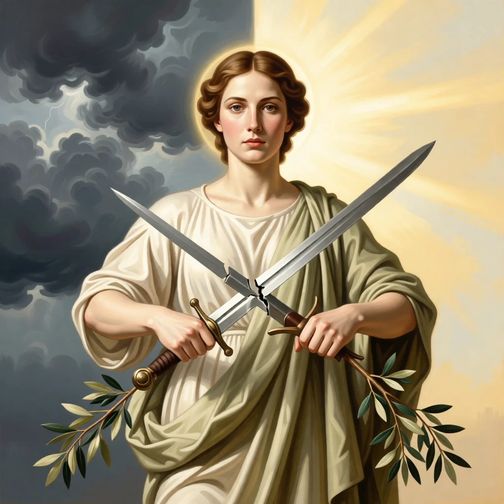 The allegory of Peace breaking a sword over an olive branch in a gesture that speaks to all of humanity, set beneath a sky divided between storm and radiant light, with contrasting elements of darkness and radiance framing the scene; radiating light from the central figure draws every eye inward, capturing the eternal struggle between light and shadow.