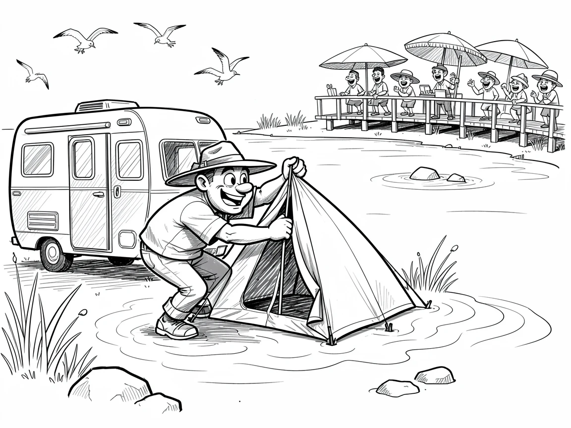 A camper setting up a tent beside a lake beside a lively beachside boardwalk.