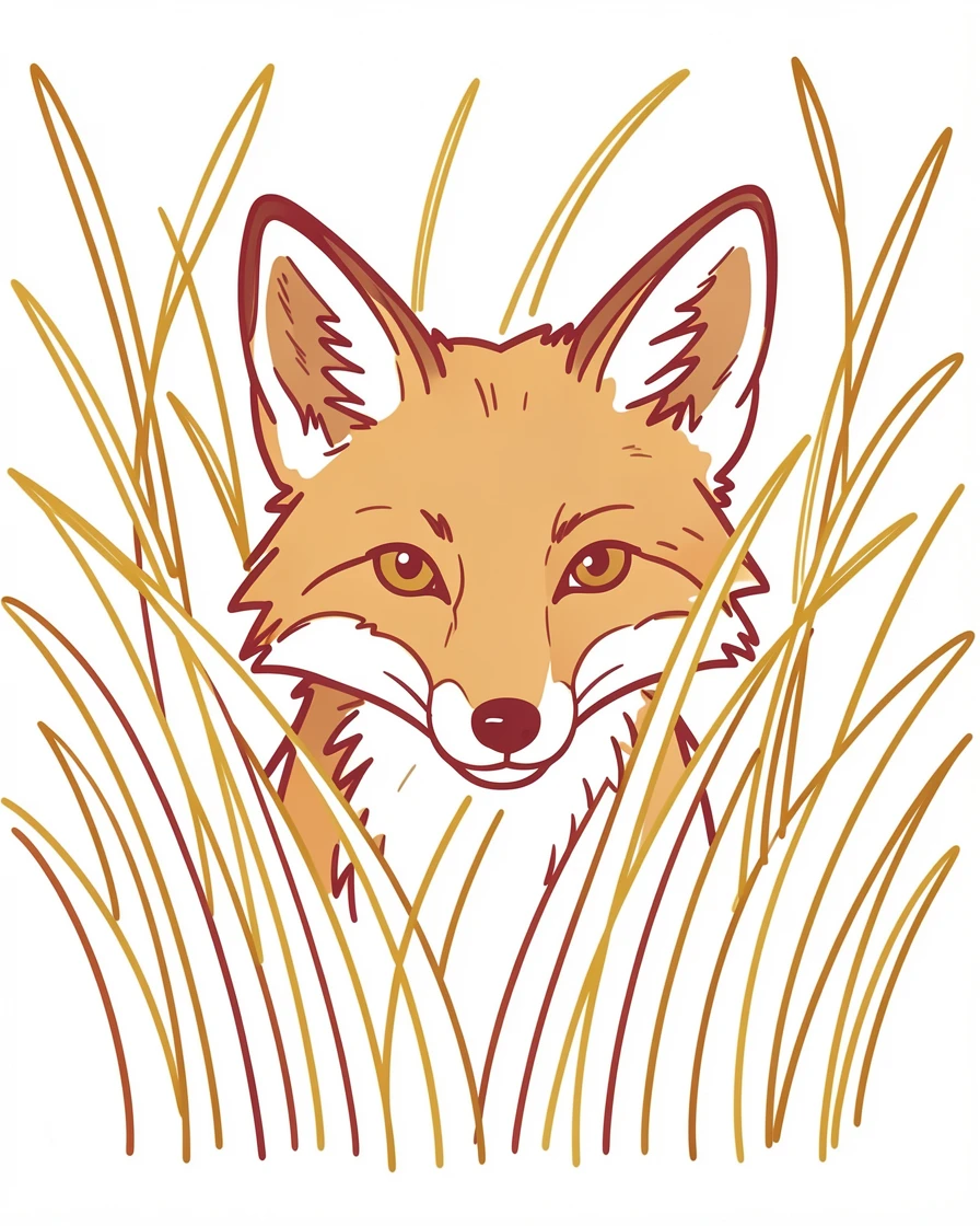 A close-up of a fox's face peeking through tall golden grass.