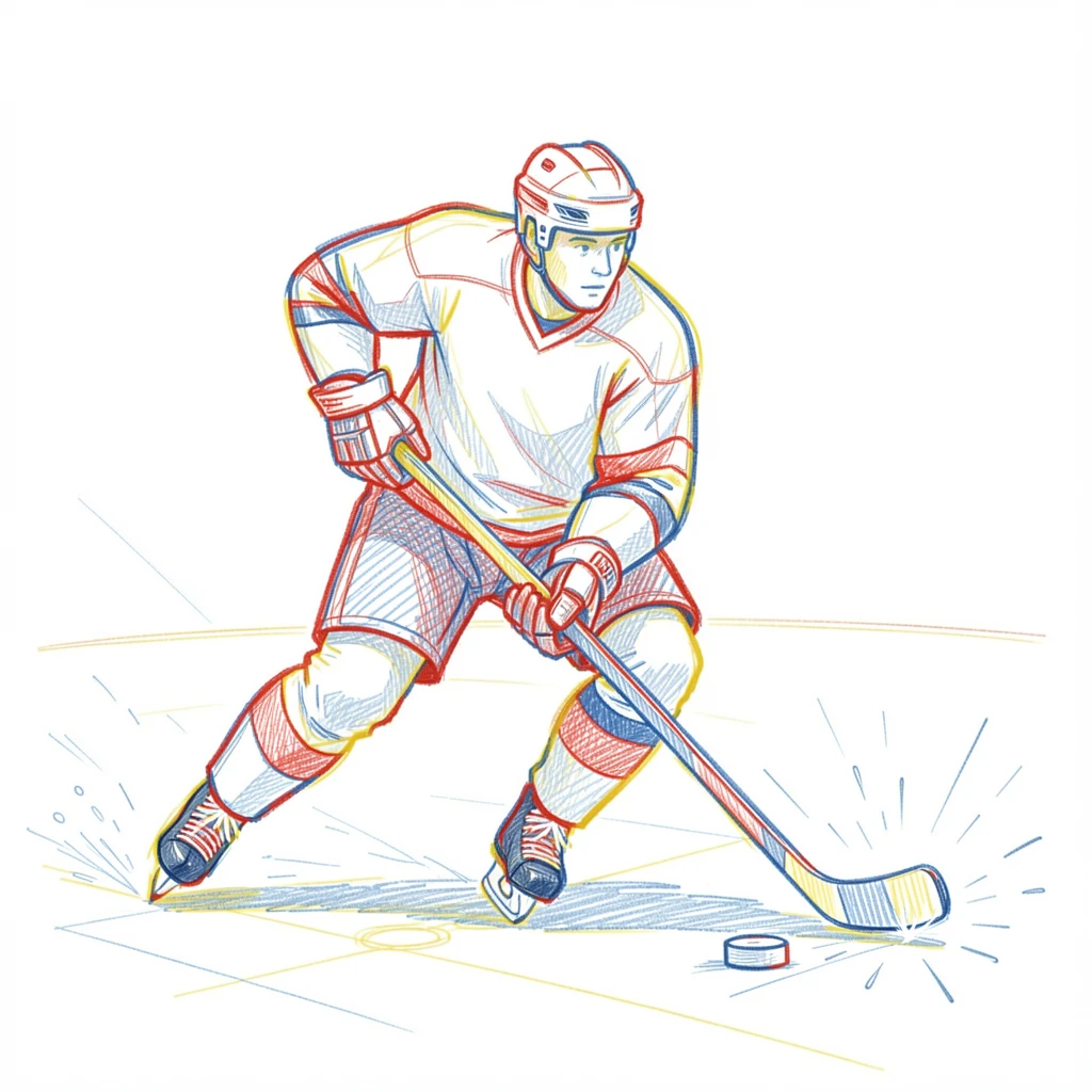 An ice hockey player skating hard, puck trailing sparks of ice spray