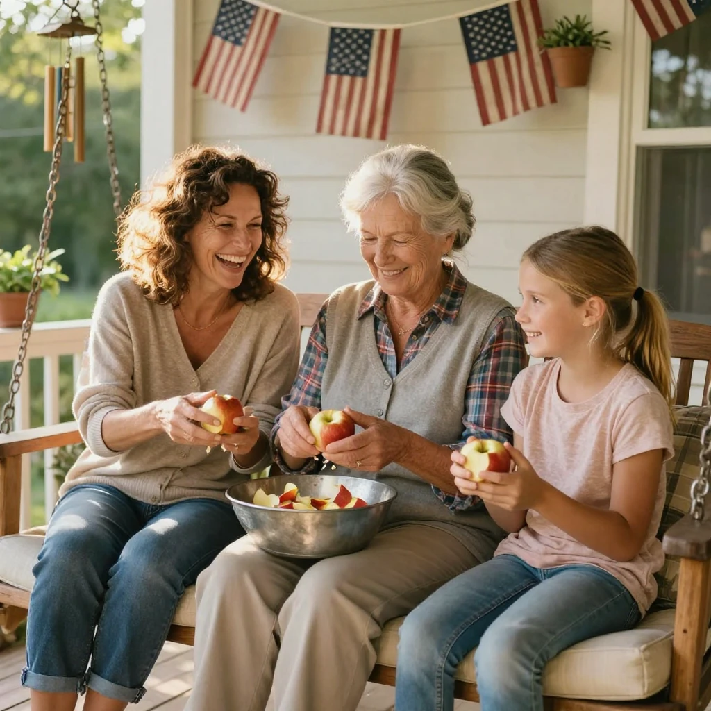 Three generations of women sit on a porch swing peeling apples into a large metal bowl, laughing together.