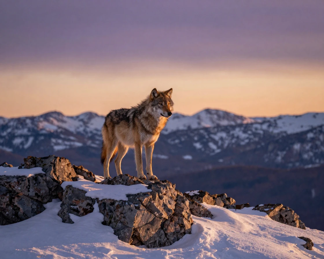 A lone timber wolf watching alertly from atop a rocky outcrop on a remote snow-covered ridge as the day slowly fades