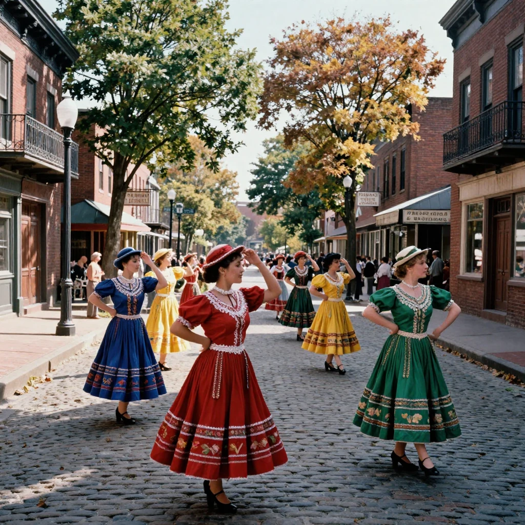 A parade of dancers in colorful traditional costume winding through a street, under harsh midday sun, with frost coating every surface, as summer fades into fall, with deep emerald greens and browns, framed symmetrically down a long corridor.
