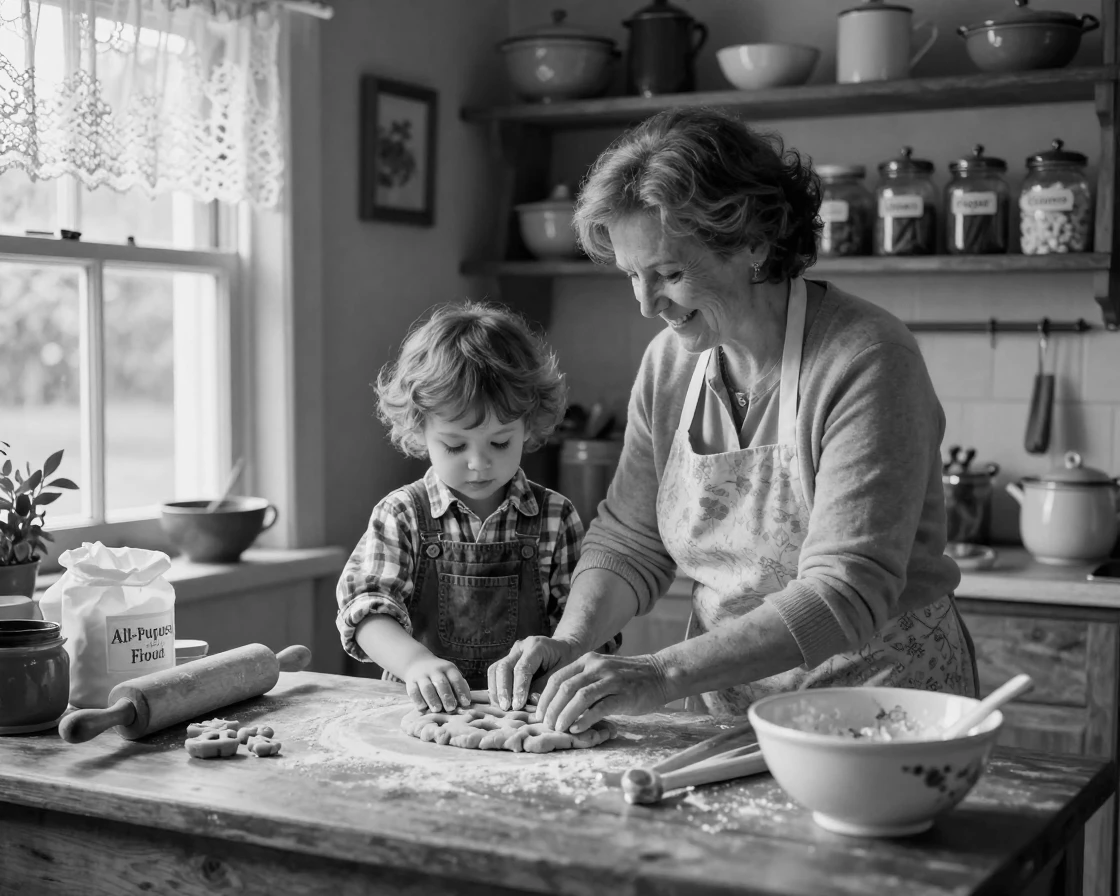 A grandmother and her grandchild bake cookies side by side in a cozy countryside cottage.