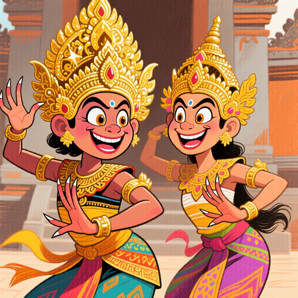 Traditional Balinese dancers in ornate gold headdresses performing an intricate temple dance.