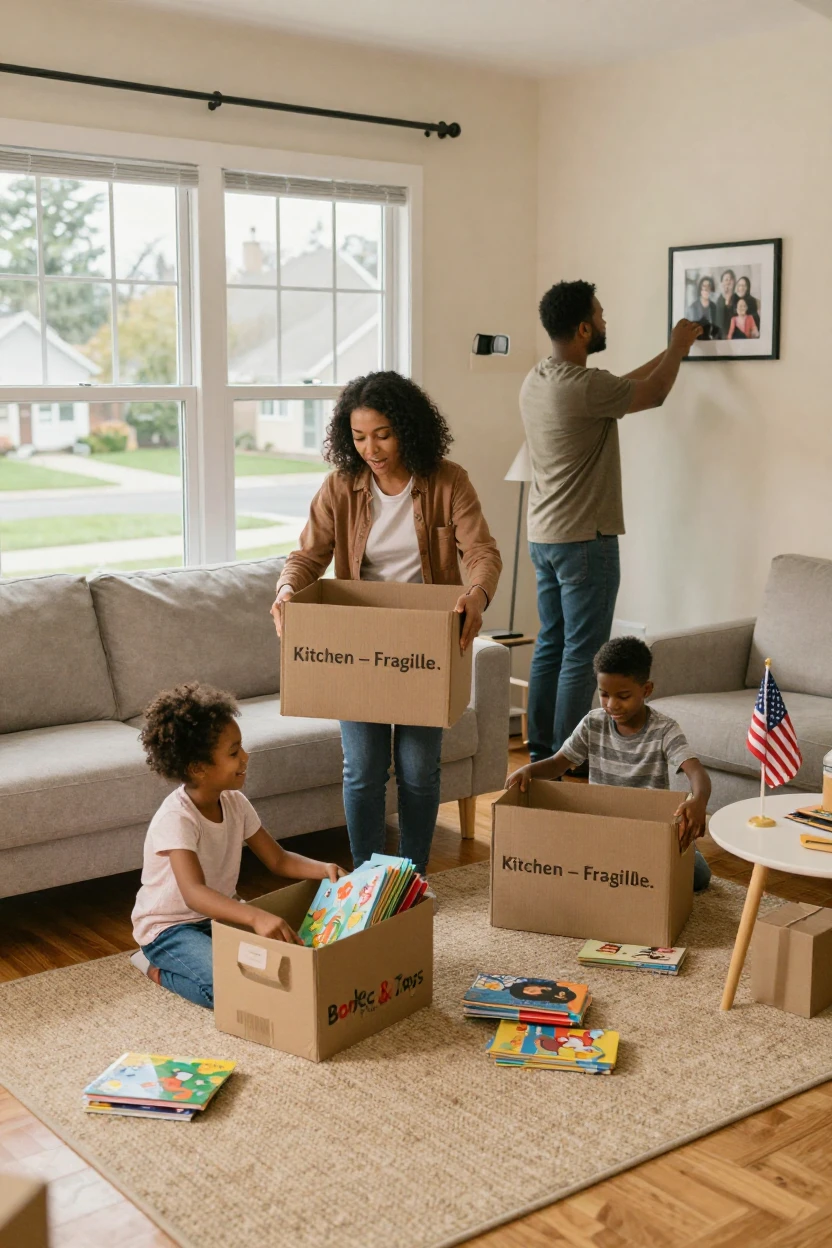 A new immigrant family unpacking in their first American home