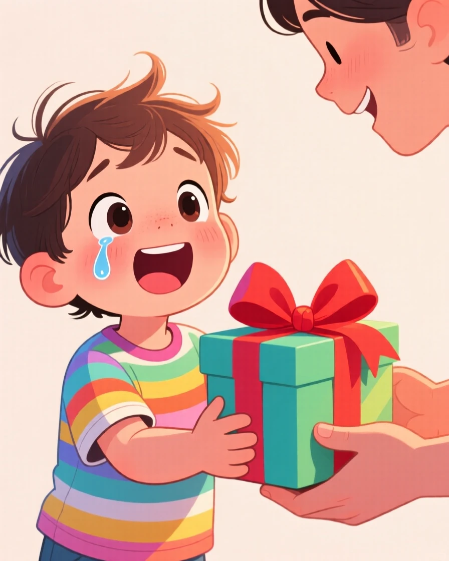 A heartwarming moment depicting a young child receiving a surprise that brings happy tears, with a single joyful tear rolling down a cheek.