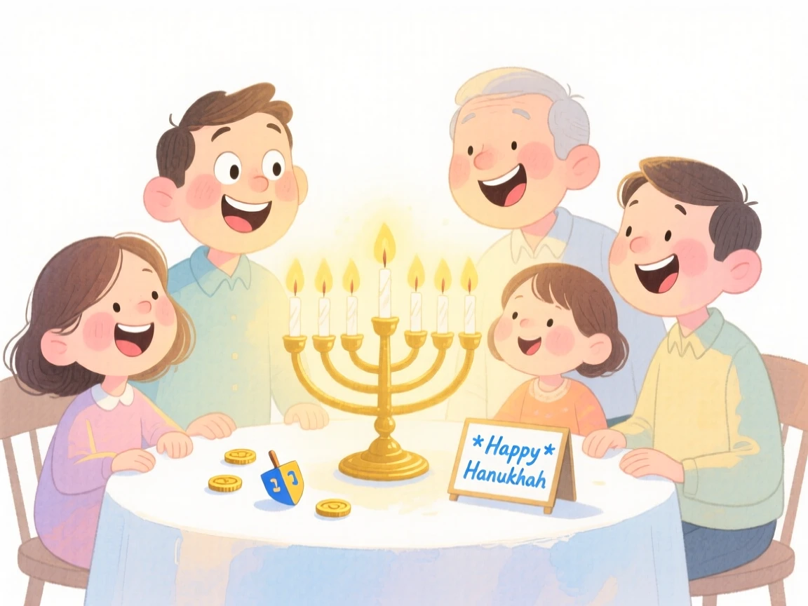 A joyful celebration scene of a family gathered around a glowing Hanukkah menorah, bursting with color and joy