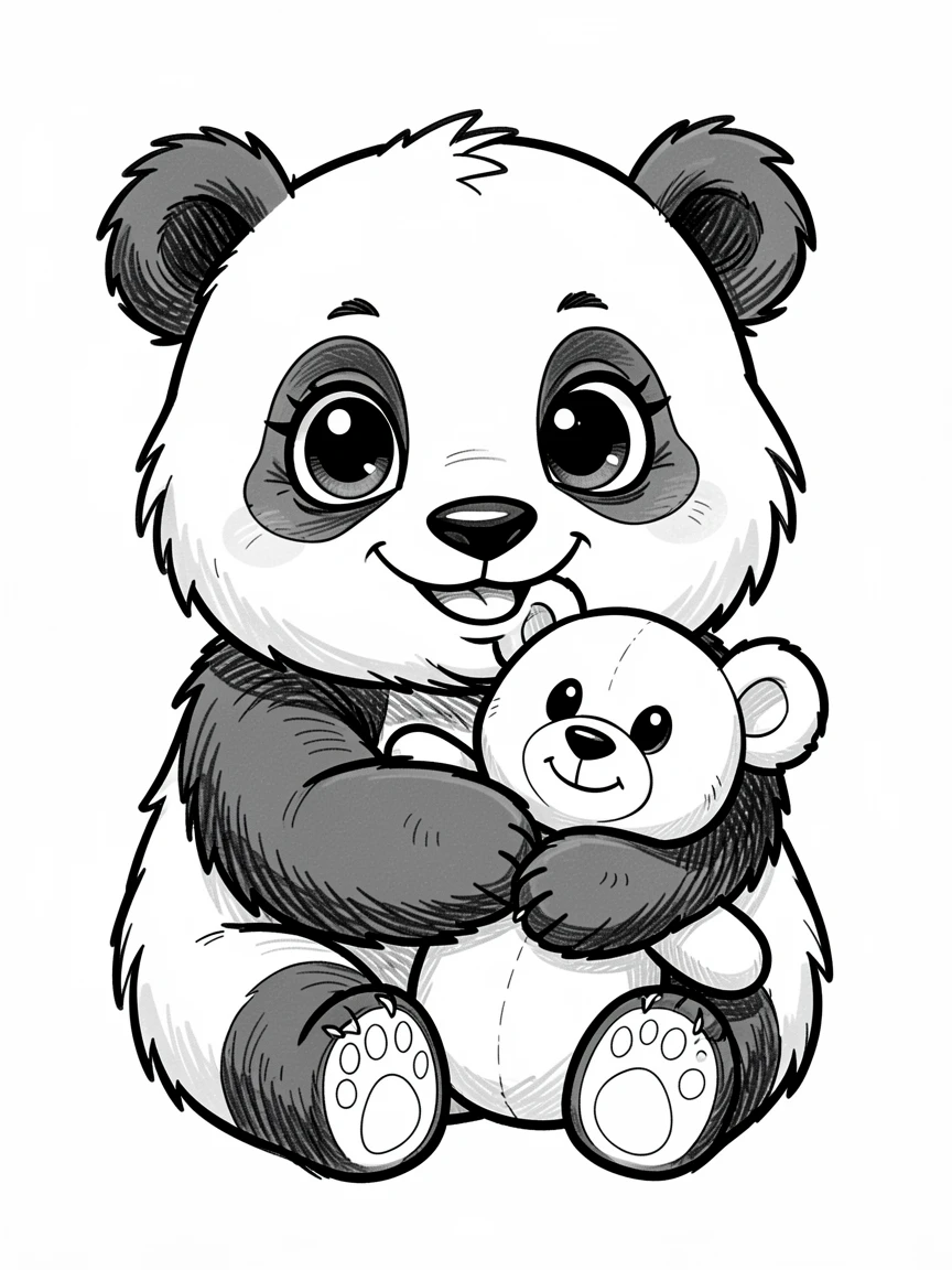 [Cute Animals & Pets] Adorable scene of a fluffy baby panda cuddling with a stuffed toy, bursting with charm and playful energy