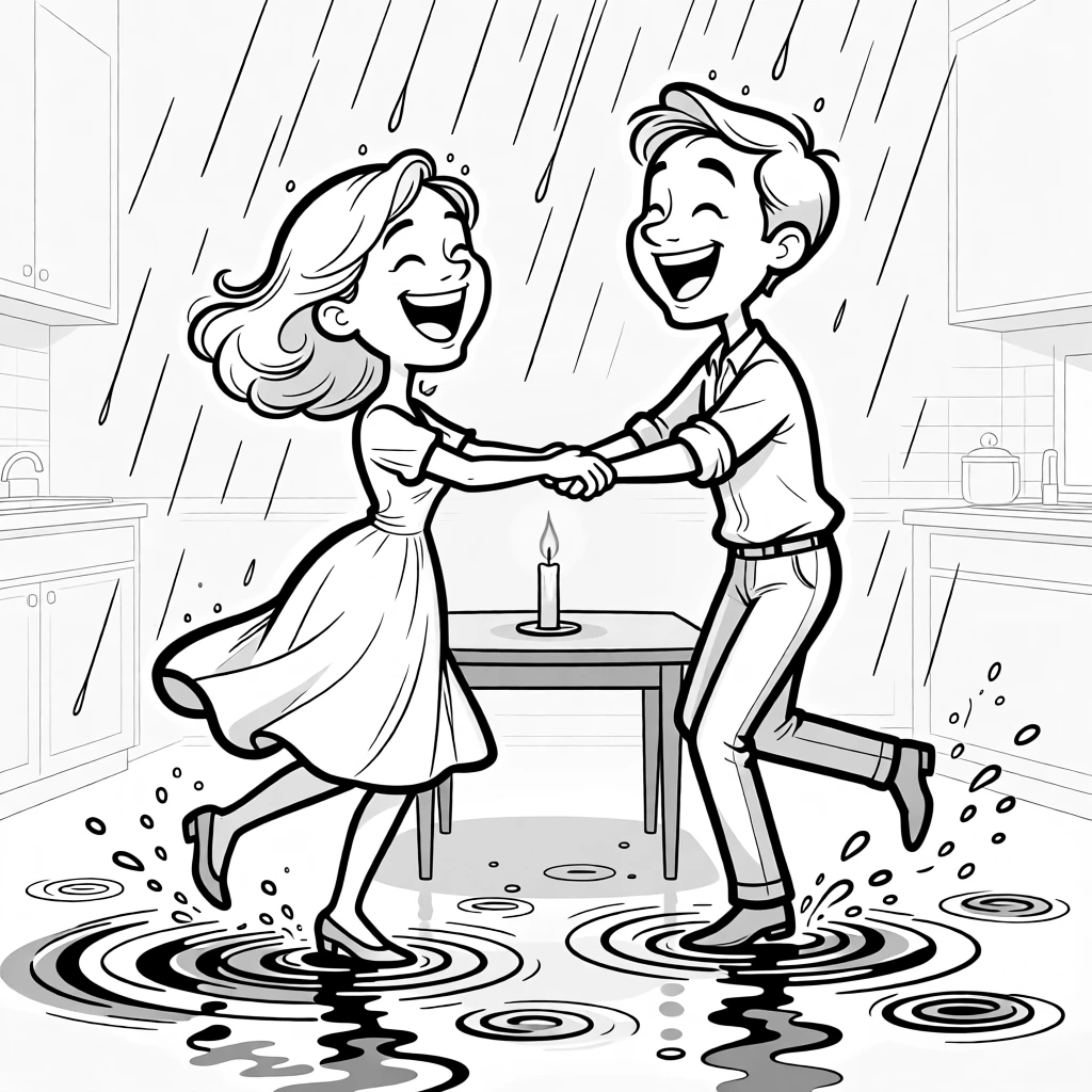Two people laughing while getting soaked in a sudden downpour, twirling each other under the pouring rain, set at a small kitchen table lit by candlelight. Puddle ripples spread outward with every step. There's a tender sweetness beneath all the silliness.