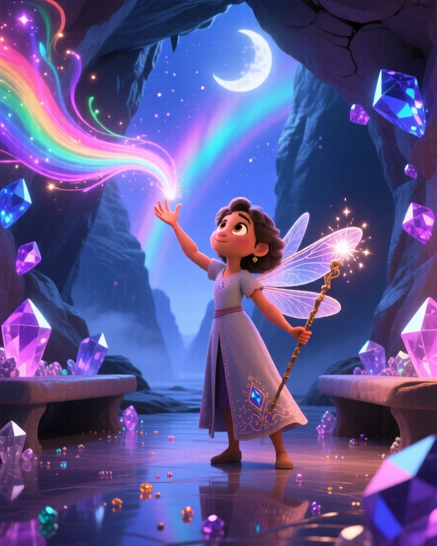 A young sorceress stands inside a crystal cave lit by glowing gems, painting the sky with swirling colors. A gentle sense of wonder radiates through the air, with delicate wings catching the moonlight.