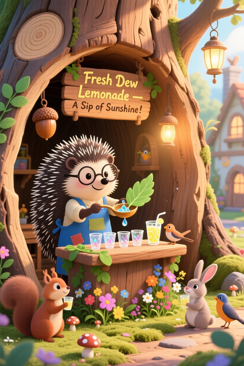 In a village built inside a hollowed-out log, a hedgehog inventor spends the day selling tiny cups of dew as lemonade, with everything wrapped in a cozy, storybook charm.