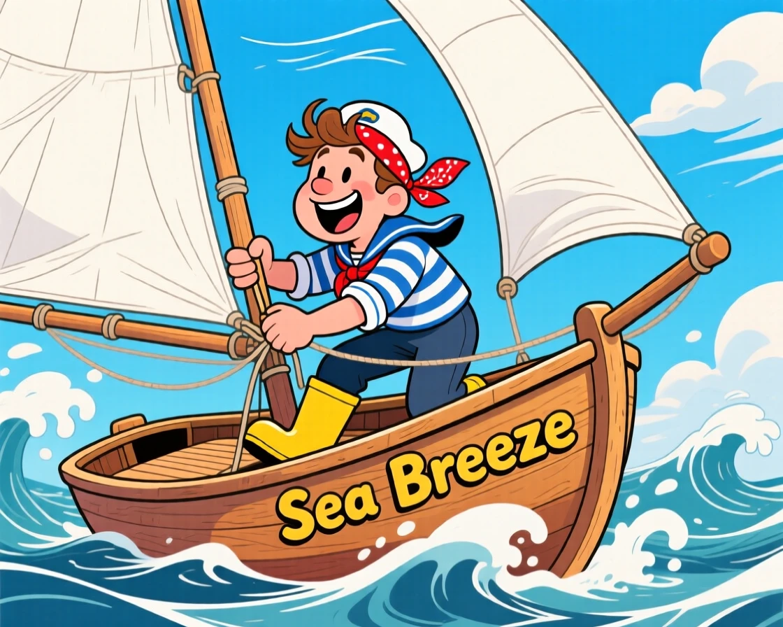 A sailor trimming the sails of a small boat in a stiff breeze.