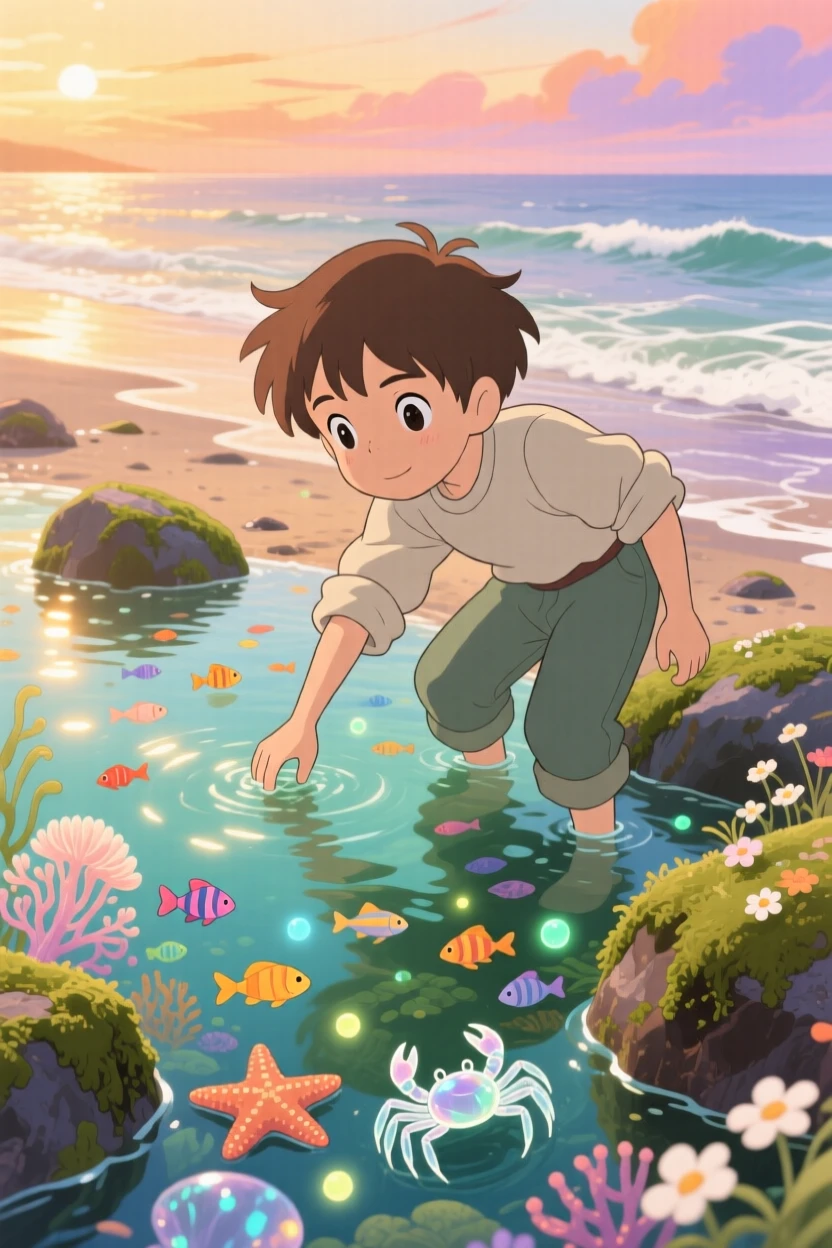 A boy exploring a tide pool with a curious expression, the moment warmly nostalgic.