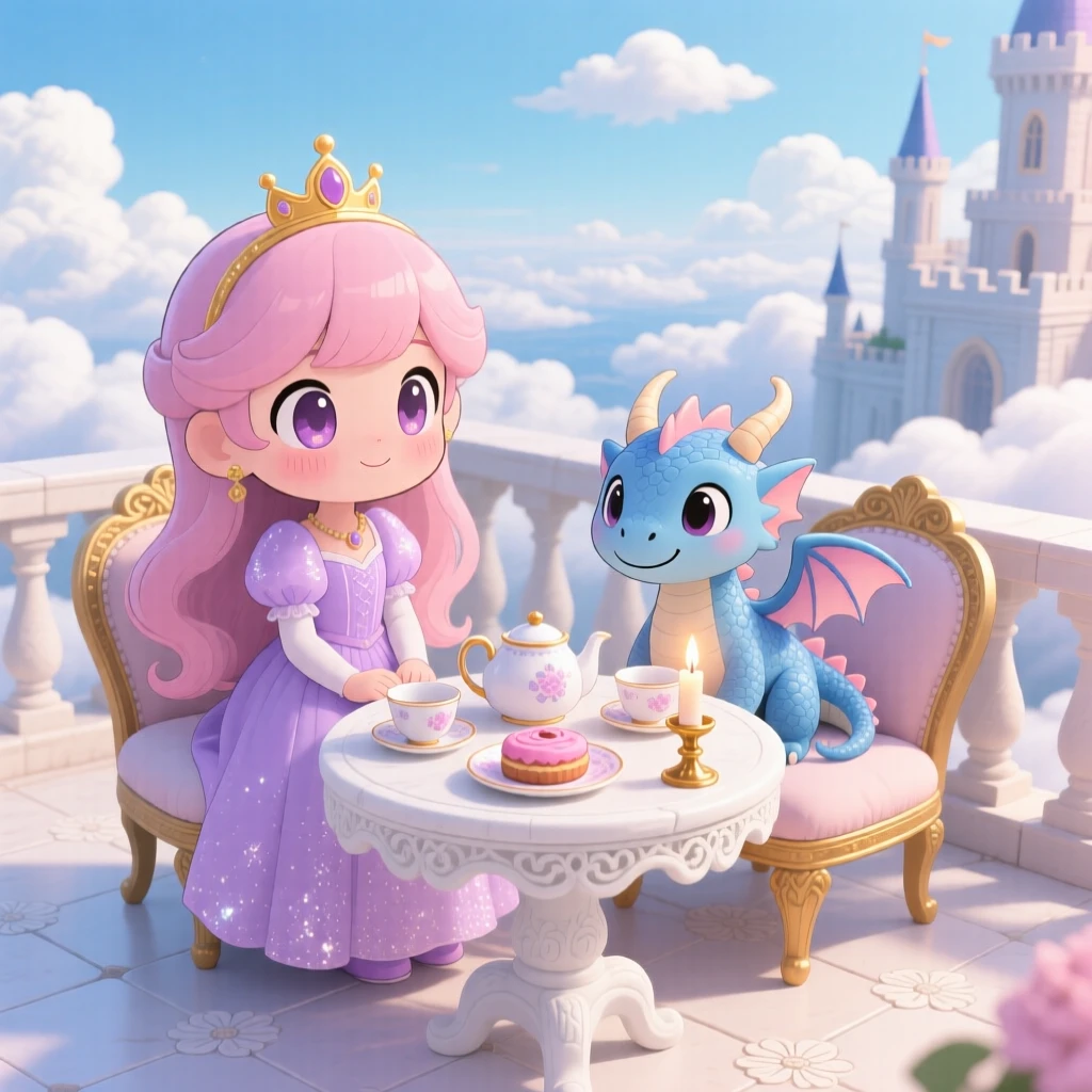 In a cloud-level castle terrace, a young princess and her dragon friend are having tea on a castle rooftop beneath fluffy drifting clouds, bathed in gentle candlelight, expression full of peaceful calm. Shot as a dynamic diagonal composition.