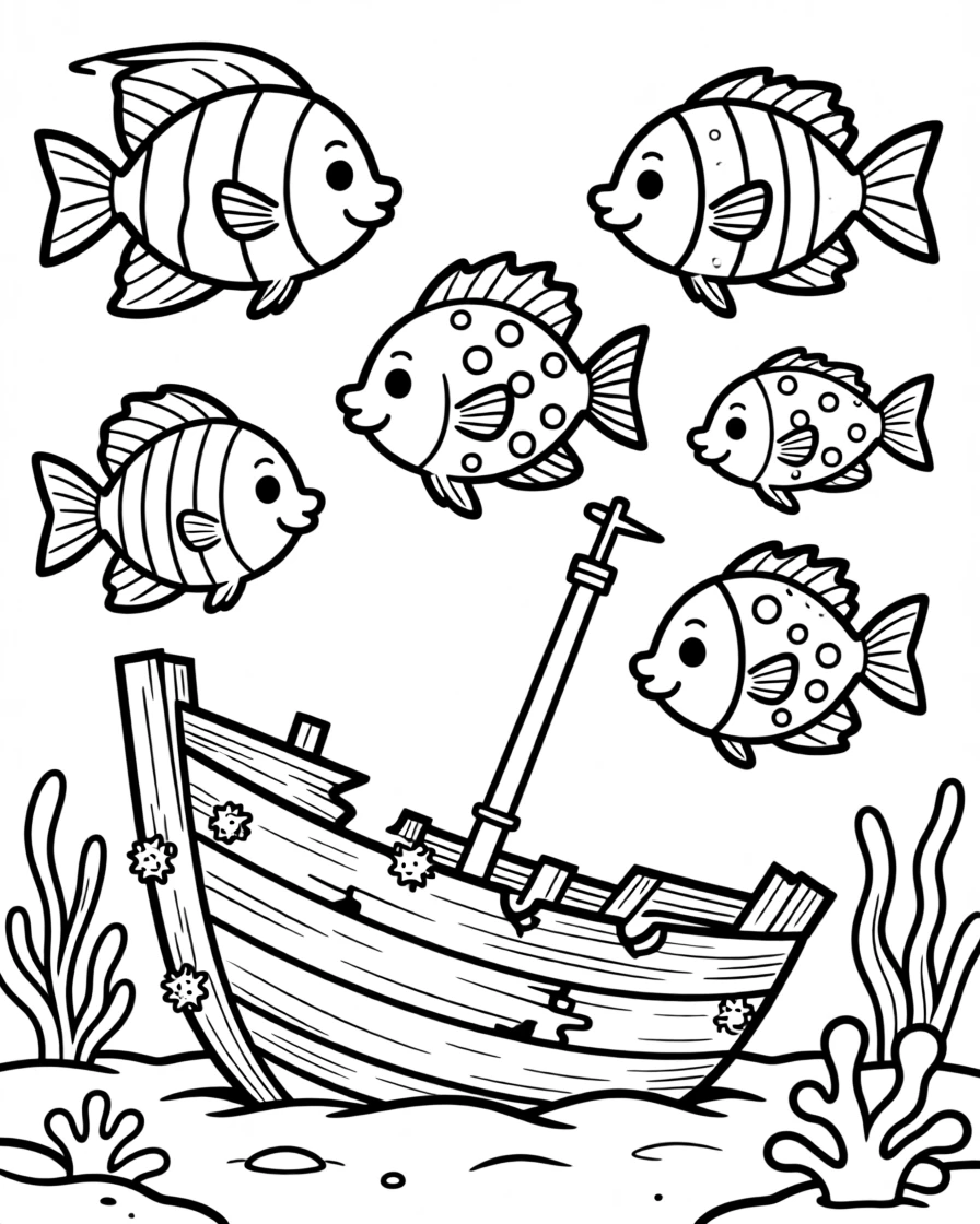 A school of colorful tropical fish swimming through a shipwreck