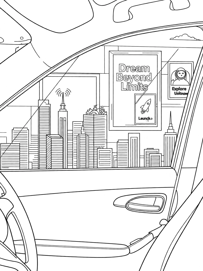 A futuristic city skyline viewed through a car window, with a poster wall visible in the background.