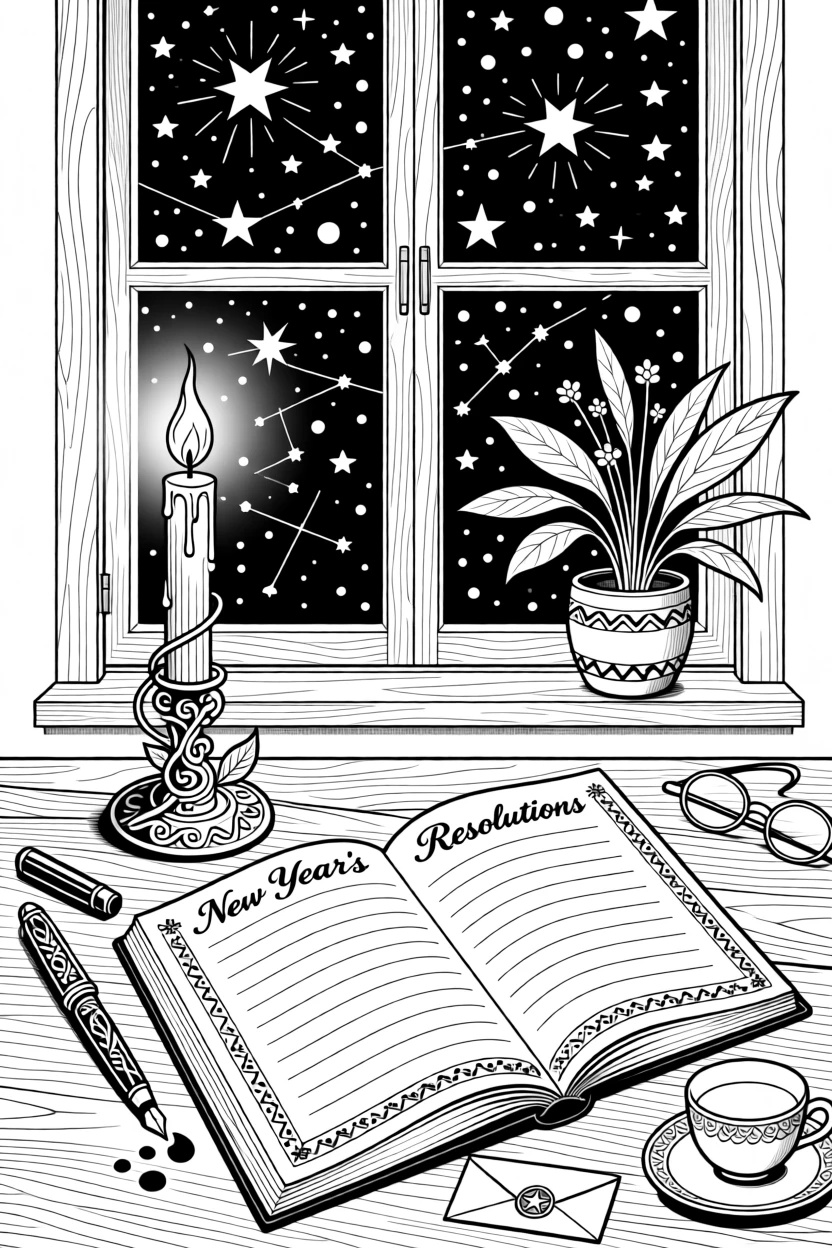 A New Year's resolution scene with a journal, candle, and starry window.