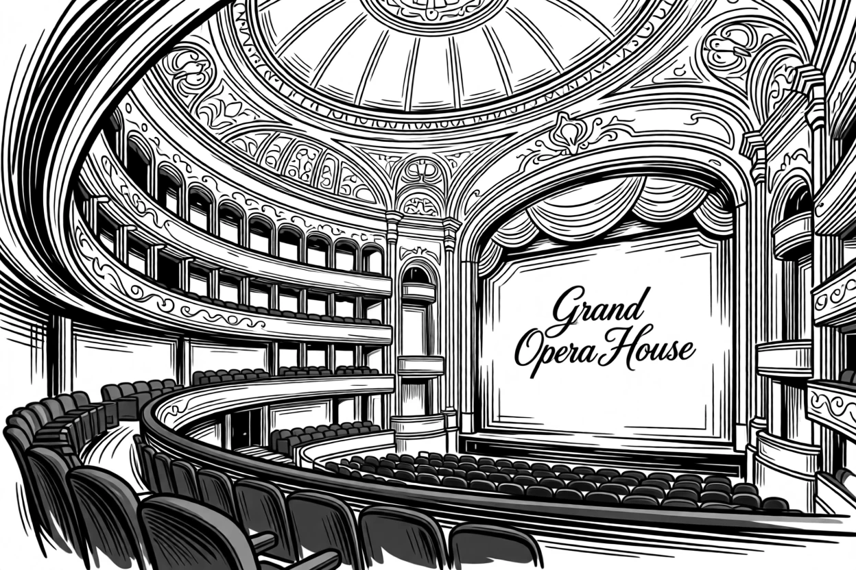 A grand opera house with an ornate gilded interior and red velvet seats.
