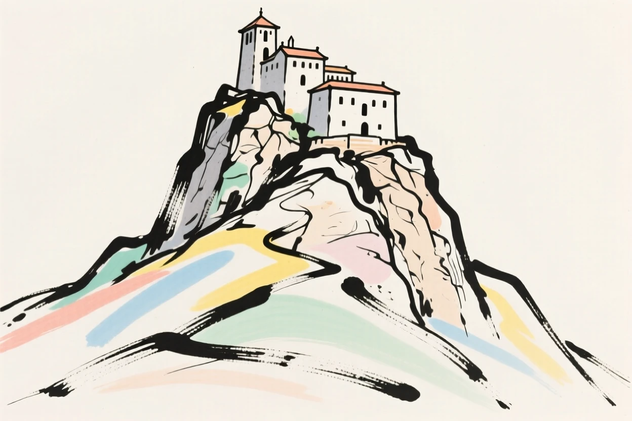 A hilltop monastery perched dramatically on a rocky pinnacle.