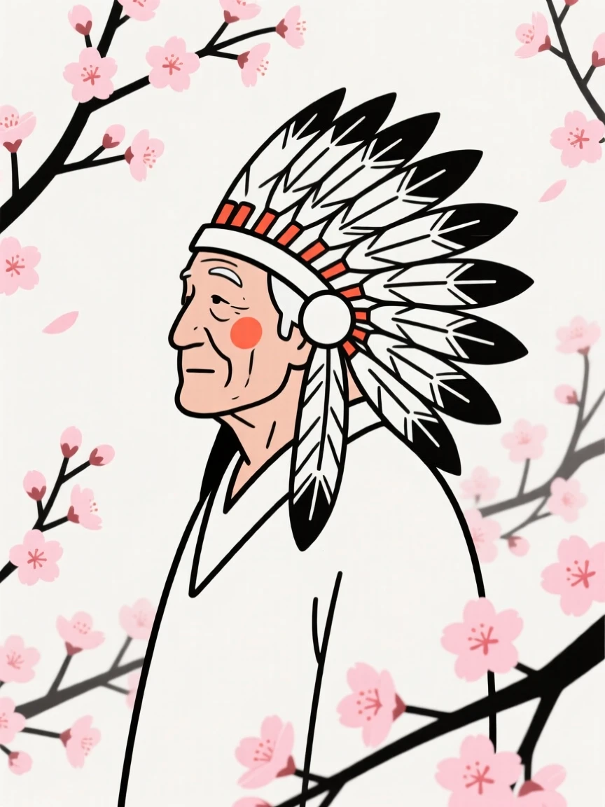 An elderly man wearing a Native American ceremonial headdress, in a blooming cherry blossom garden.