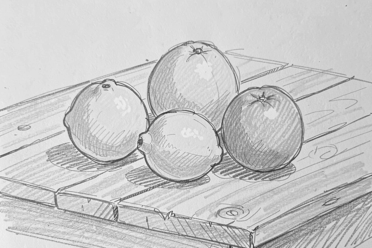 A citrus fruit still life with lemons and oranges on a rustic wooden table, with a warm, inviting glow.