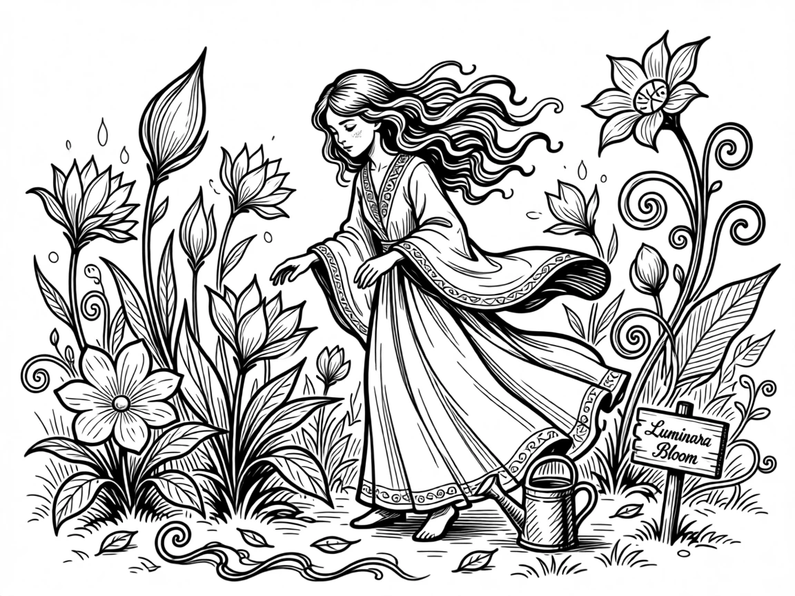 A young sorceress tending a garden of glowing, otherworldly flowers.