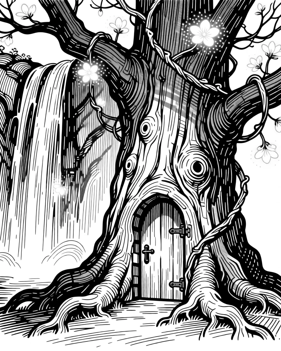 An ancient tree with a hidden door in its trunk beside a waterfall that flows upward, with vines wrapped with softly glowing blossoms, forming a full of wonder fantasy scene.