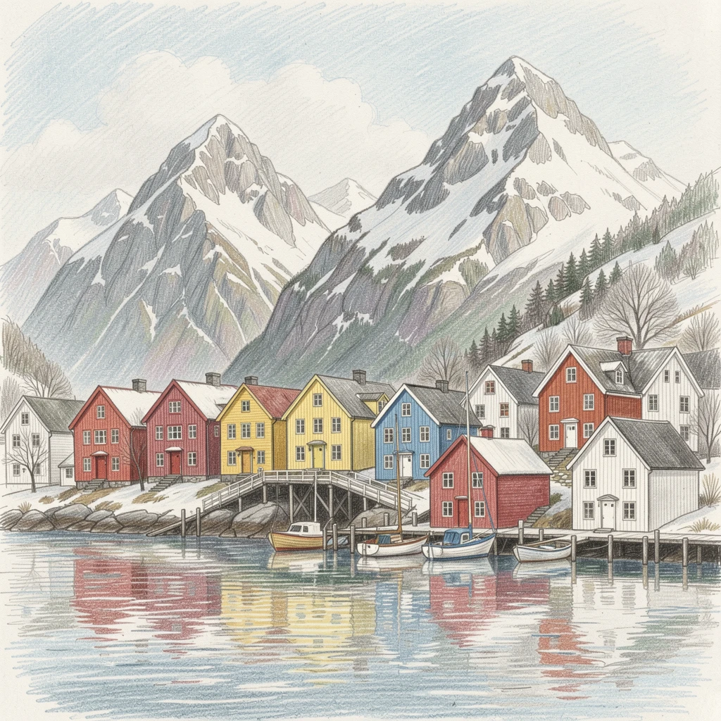 A Norwegian fjord village with colorful houses against snowy peaks, captured in a quiet, intimate moment full of atmosphere, evoking warmth, beauty, and a lasting sense of wonder.