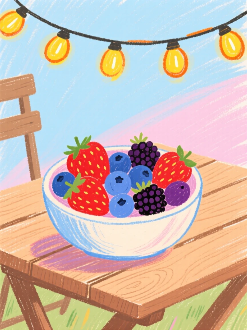 A bowl of fresh berries set on an outdoor table beneath string lights.