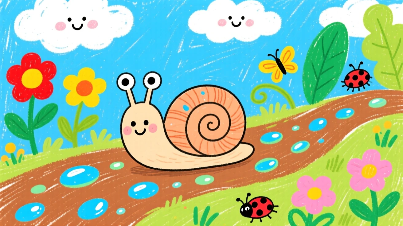 A snail slowly crossing a dewy garden path.