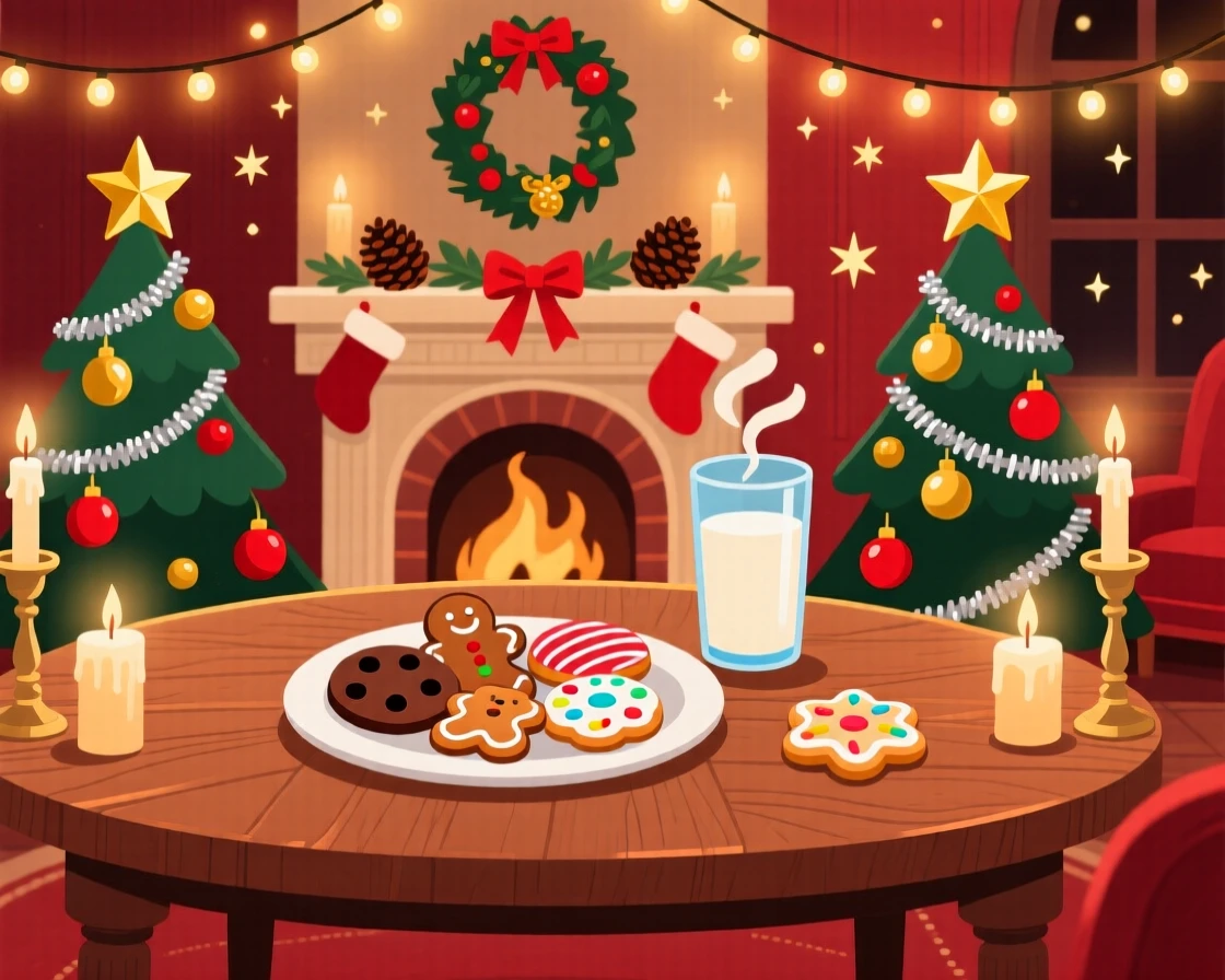 A cozy Christmas Eve scene with cookies left for Santa, surrounded by joyful decorations and warm candlelight, framed with decorations arranged symmetrically for balance, with warm twinkling lights adding a magical sparkle.