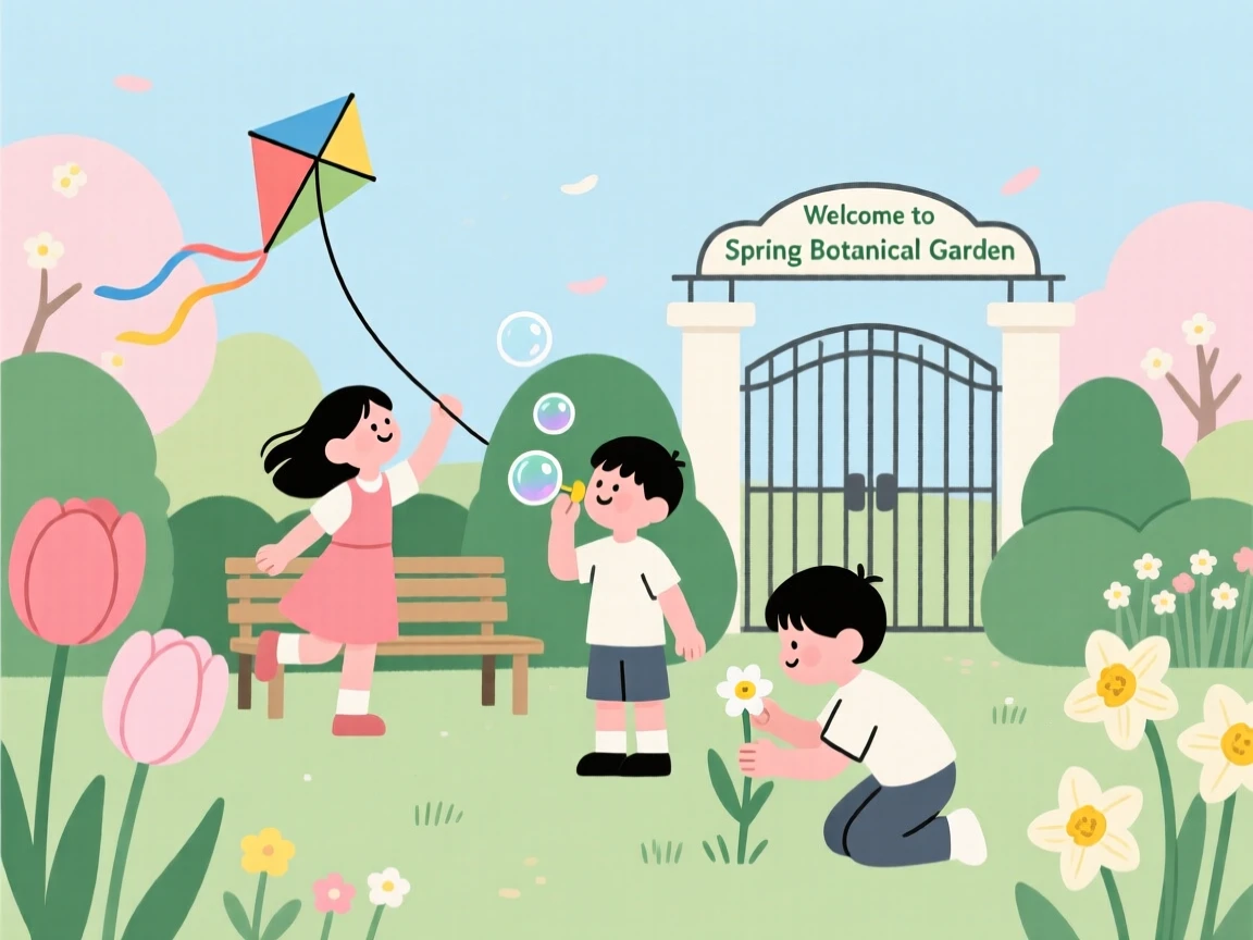 A spring scene of children playing in a botanical garden.