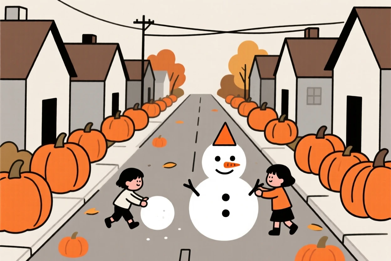 A small town street, transformed by harvest of ripe pumpkins, with children building a snowman scattered throughout, captures cozy anticipation.