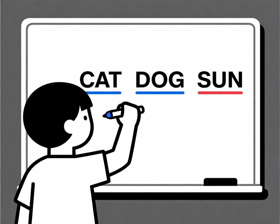 A child practicing spelling words on a whiteboard