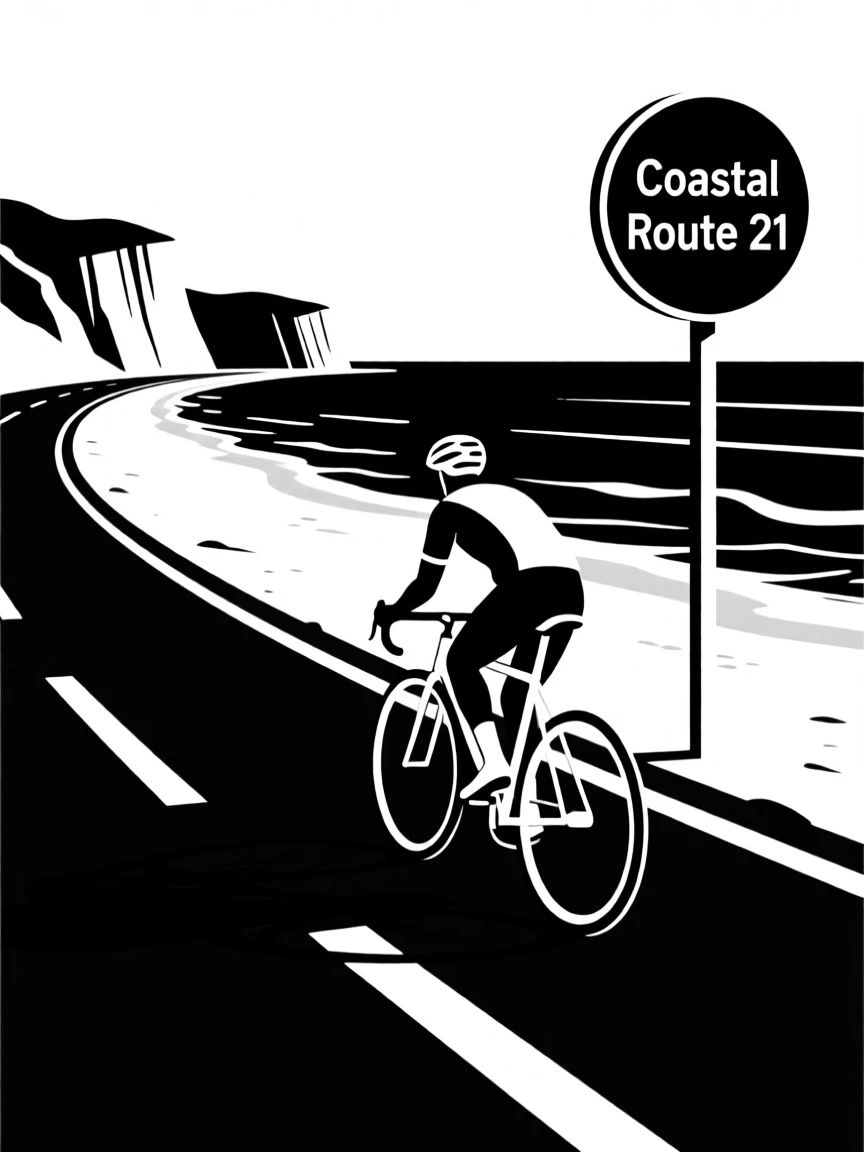 A cyclist riding along a coastal highway.