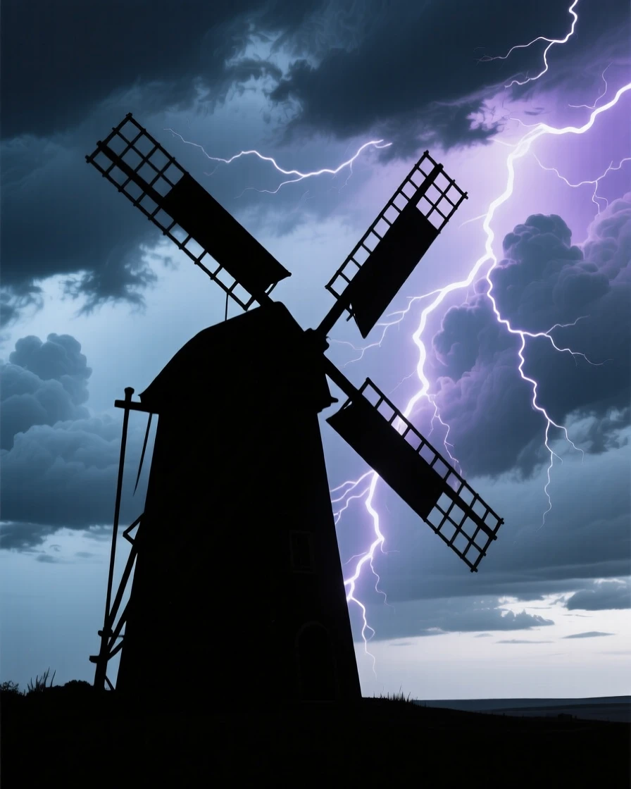 A single old windmill turning slowly against a backdrop of stormy clouds.